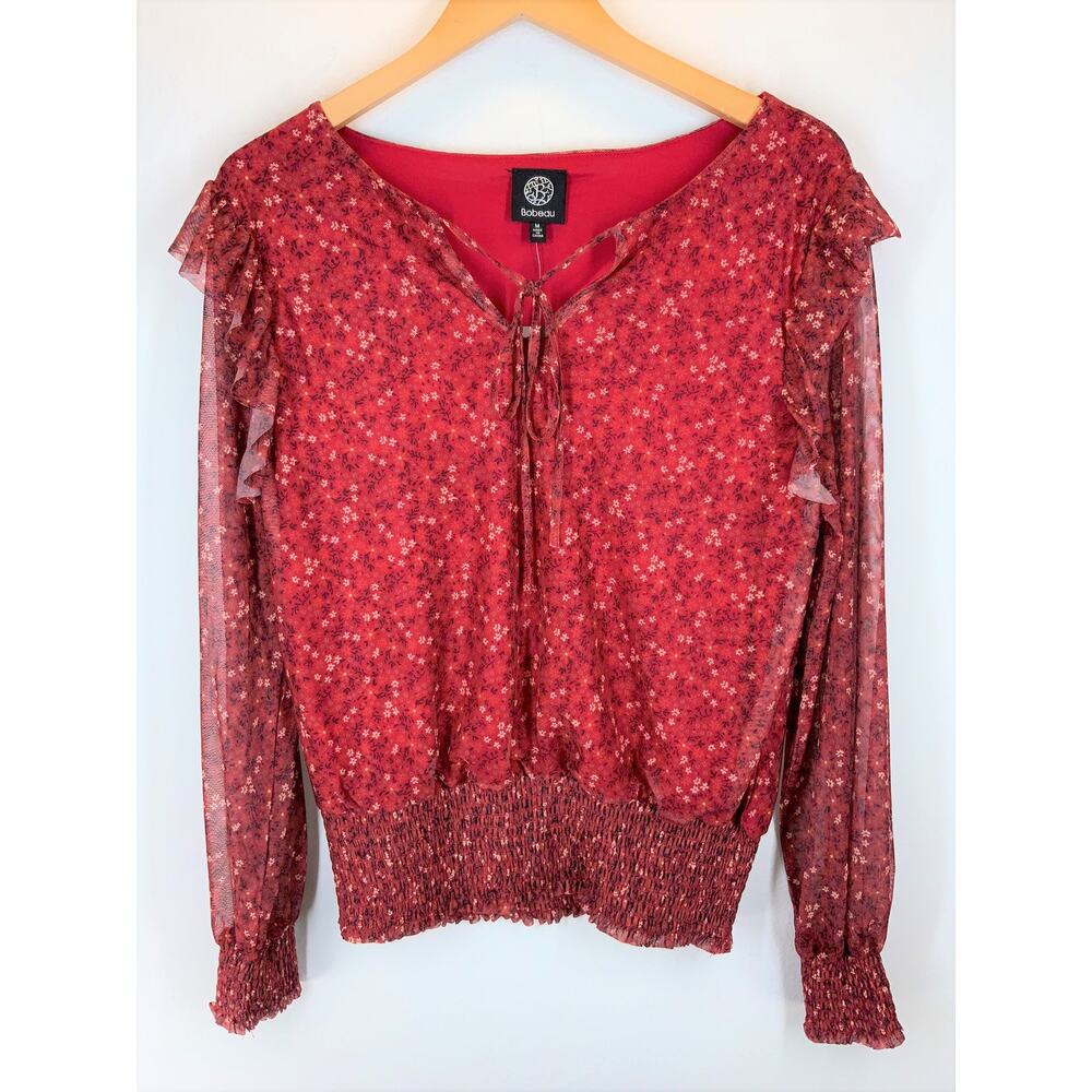 BOBEAU Smocked Ruffle Trim Blouse In Rust Ditsy - Medium NWT - Picture 2 of 5